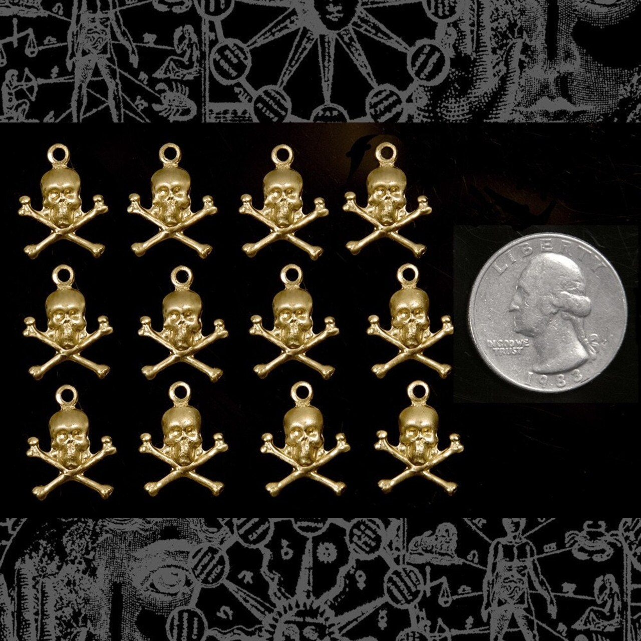 Raw Brass Skull and Crossbones Charms Stampings - Set of Twelve - B-C26